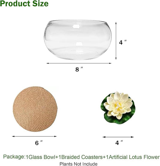 8-Inches Small Lotus Bowl Planter Clear Glass Lotus Flower Succulent Bowl Indoor Hydroponic Aquatic Plant Bonsai Terrarium Table Centerpiece Lotus Pot Can Double As a Fish Tank (Small)
