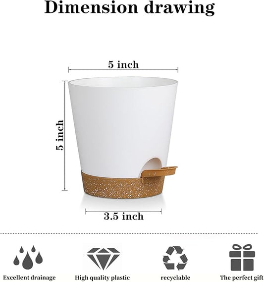 5 Pack 5 inch Self-Watering Pots, African Violets Planter with Drainage Holes and Reservoir, White Brown Plastic Planter for Indoor Outdoor Plants Flowers and Houseplants White Brown, 5 inch 5 pcs