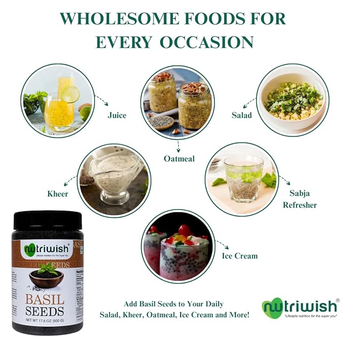 Nutriwish Basil Seeds 17.6 oz (500 g) | 100% Natural, Raw & Gluten-Free | Perfect for Smoothies, Drinks & Desserts