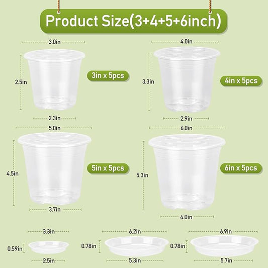 3/4/5/6 Inch Clear Nursery Pots with Drainage Holes and Saucers, 20 Pack Clear Plastic Plant Pot, Plant Pot Seed Starter Pots for Succulents