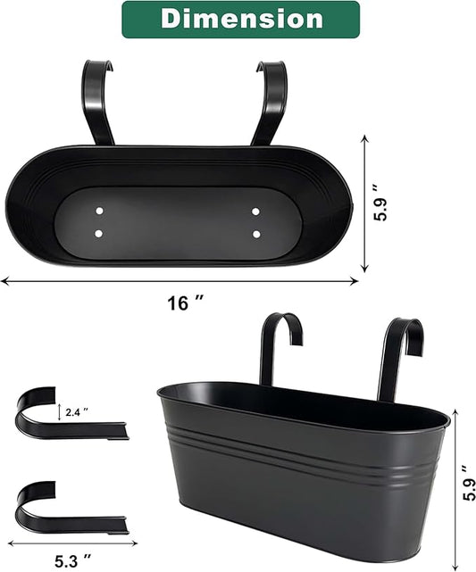 vensovo 16 Inch Railing Planter for Outdoor Plants - 5 Pack Large Metal Balcony Hanging Planters with Detachable Hooks and Drain Holes Oval Box Rail Pots for Home Garden Fence, Black