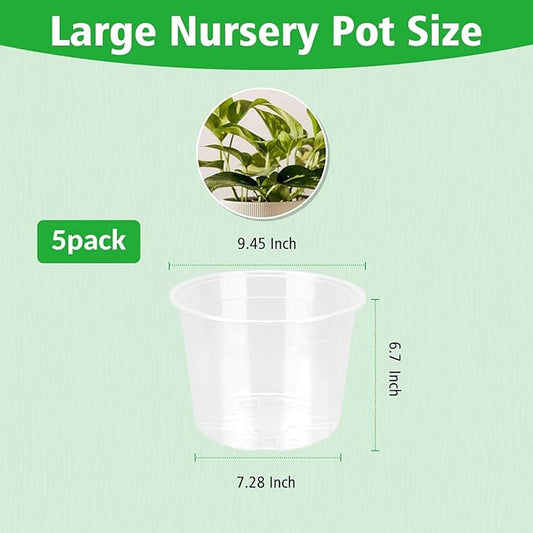 10 Inch Large Clear Nursery Pots with Drainage, 5 Pack Plastic Pots for Plants, Ideal Seedling Pots and Plant Pots for Vegetables, Orchids, Aloe, Indoor Outdoor Use (10 inch-5 Pack)