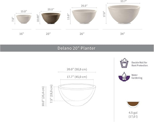 Crescent Garden Delano Bowl Planter, Indoor Outdoor Round Shallow Plant Pot for Water Garden, Bonsai Plant Pots, Succulents with Drain Hole - Double Walled Bowl Lotus Pot, 20" W (Mocha)
