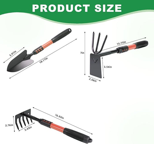 Garden Tool Set, 3 Pack Lightweight Heavy Gardening Kit Including Hand Shovel, Transplant Shovel and Hand Rake with Soft Rubber Non-Slip Handle, for Planting Weeding Digging, Orange 