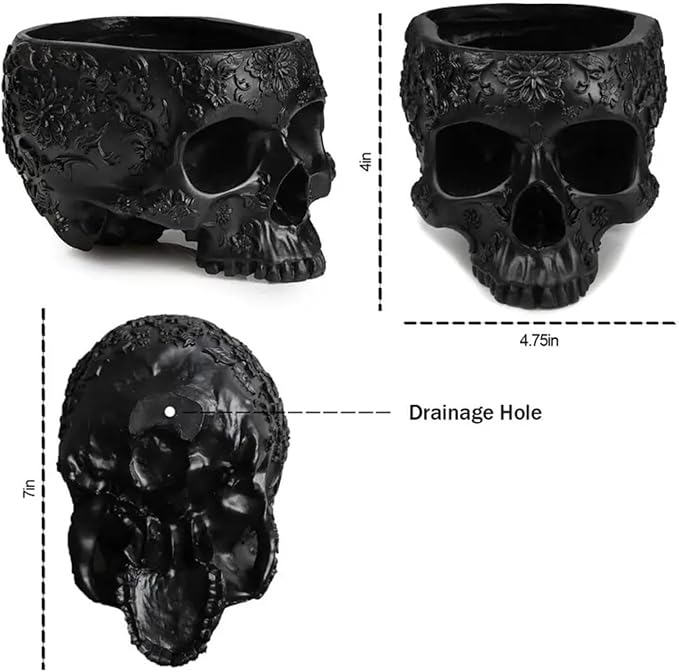 Black Skull Planter Pot 6 Inch Skeleton Head Pot for Succulents Flowers, & Bowl Dish Gothic Decor for Garden Home Parties Haunted House Spooky Black Display Halloween Skull Flower Pot Decoration Gift