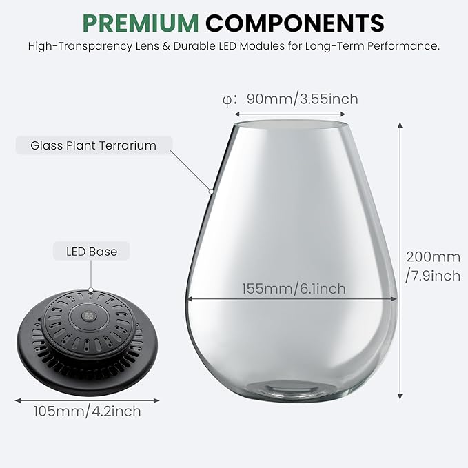 Glass Plant Terrarium with UFO LED Light, Large Terrarium for Venus Fly Trap Live Plant with LED Light & Ventilation, for Plants Ideal for Succulents,Home Office Desk Decor, 7.8" Tall