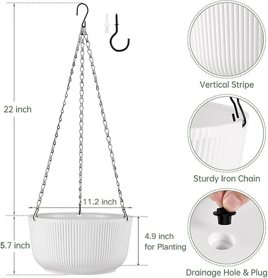 White Hanging Planters for Indoor Outdoor Plants, Set of 2 11.2 Inch Self-Watering Hanging Pots with Drainage Hole & Plug II Screw-in Hooks II