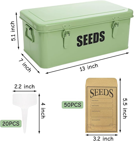 Seed Storage Organizer Box with 4 Compartments, Large Metal Seed Packet Container with Lid & Safety Locks, Garden Seed Bin for Saving Seeds with 50 Plant Labels, 20 Envelopes