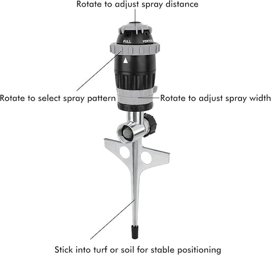 RESTMO Gear Drive Sprinkler with Metal Spike Base, 5-Pattern Heavy Duty Gardening Watering System, Multi-Adjustable Lawn Sprinkle for Garden Plant, Flower Bed and Large Yard Area Watering, Gray