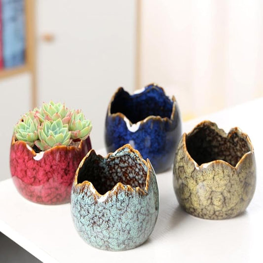 YYW Succulent Pots, 4 Pack Ceramic Planters for Indoor Plants in, Dragon Egg Broken Shell Design Flower Pots with Drainage Hole, Stylish Plant Pots,Home Office Decor (Four Piece)