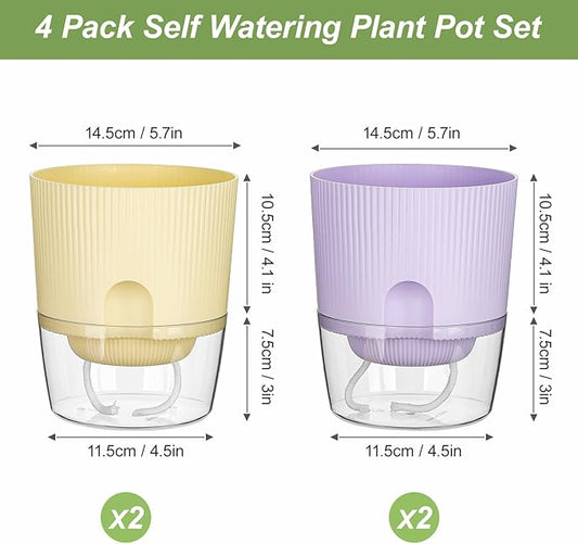 Plant Pots, 4 Pack 5.7 Inch Self Watering Pots for Indoor Plants, Flower Pots with Deep Reservoir and Drainage Holes - Yellow & Purple