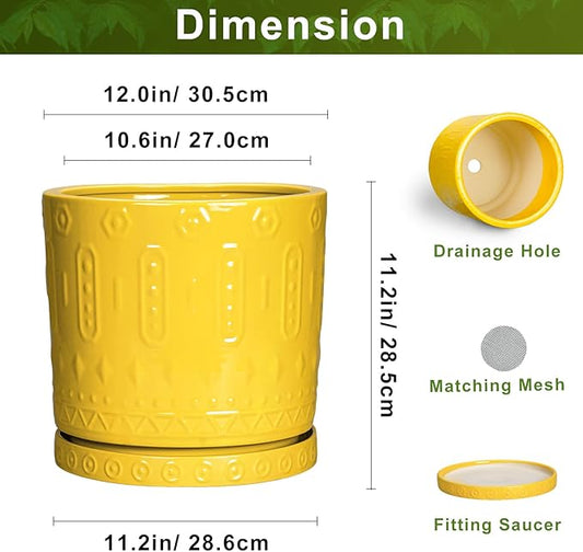 Ceramic Flower Pots, 12 Inch Plant Pot with Drainage Holes and Saucers, Round Pots for Plants for Indoor Outdoor, Boho Decorative Planter, Garden House Decor, Gifts for Women, Yellow