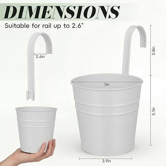 HowRU Hanging Flower Pots, Railing Planter Box for Outdoor Plants 12 Pack 5 Inch Metal Hanging Planters with Detachable Hooks Balcony Window Fence Garden Decoration Flower Boxes, White