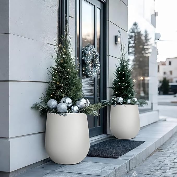 16.9 Inch Plastic Tall Large Planters for Outdoor Plants, Modern Round Tapered Flower Pot for Indoor Plants, Plant Pots with Drainage Holes and Rubber Plug for Home Garden Patio, Chalk Beige