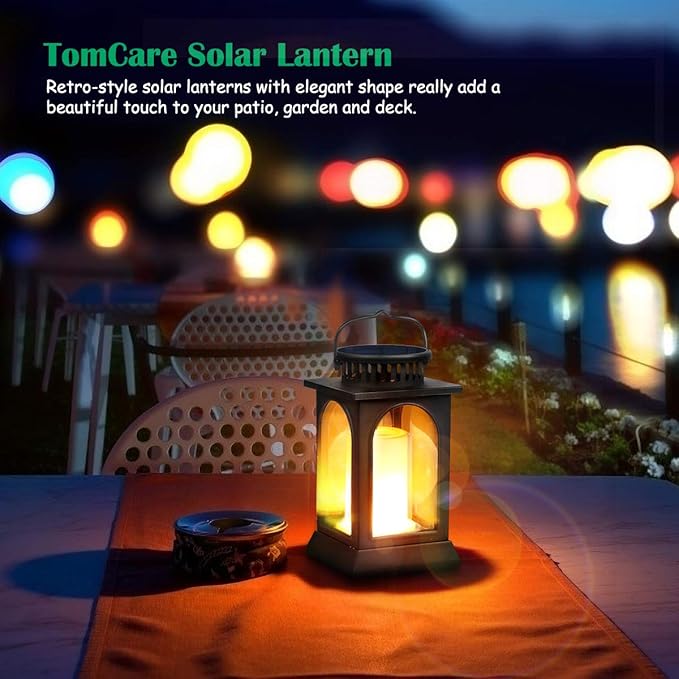 TomCare Solar Lights Flickering Flame Upgraded Metal Solar Lantern Outdoor Hanging Decorative Lanterns Heavy Duty Solar Powered Waterproof Outdoor Lighting for Patio Garden Deck Yard, 2 Pack (Black)