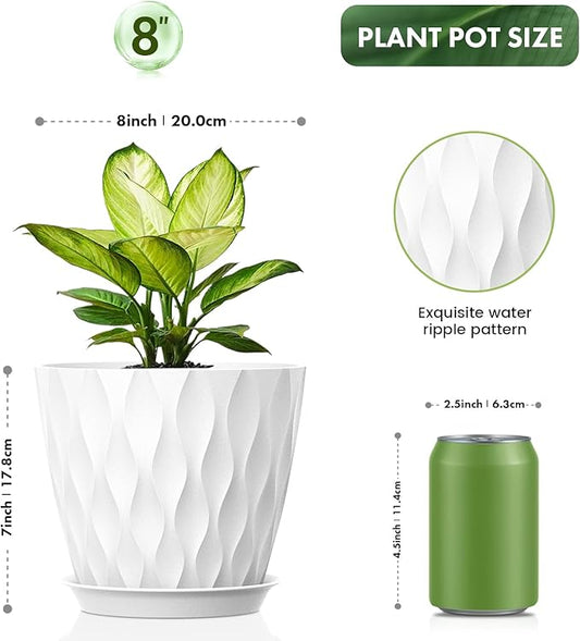 8 Inch Plant Pots, 4 Pack Plastic Planters for Indoor Outdoor with Drainage Holes & Saucers, Waffle Texture Flower Pots for Indoor Plants, Indoor Plant Pots for Monstera, Fiddle Leaf Fig, White