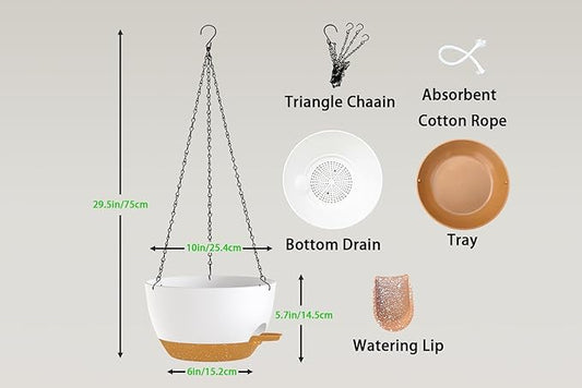 Hanging Planters, 3-Pack 10 Inch Self-Watering Pots with Drainage Holes and Chains, Matte Plastic Planters for Indoor/Outdoor Plant(White Brown)
