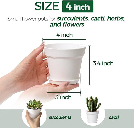T4U 4 Inch Plant Pots 18-Pack, Small Flower Pots with Saucer and Drainage Hole, Durable Plastic Pots, Nursery Small Flower Pot Bulk for Plants, Succulent, Violet, Decorative (18 Pack 4" Pot, White)