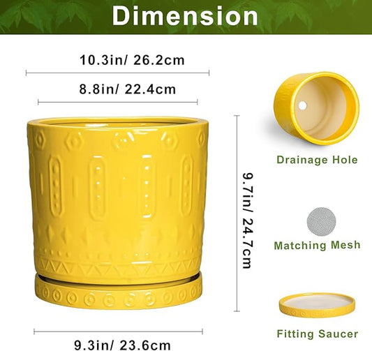 Ceramic Pots for Plants, 10 Inch Plant Pot with Drainage Holes and Tray, Round Planter for Indoor Outdoor Plants, Modern Decorative Flower Pots, Office Decor, Birthday Gift for Women, Yellow