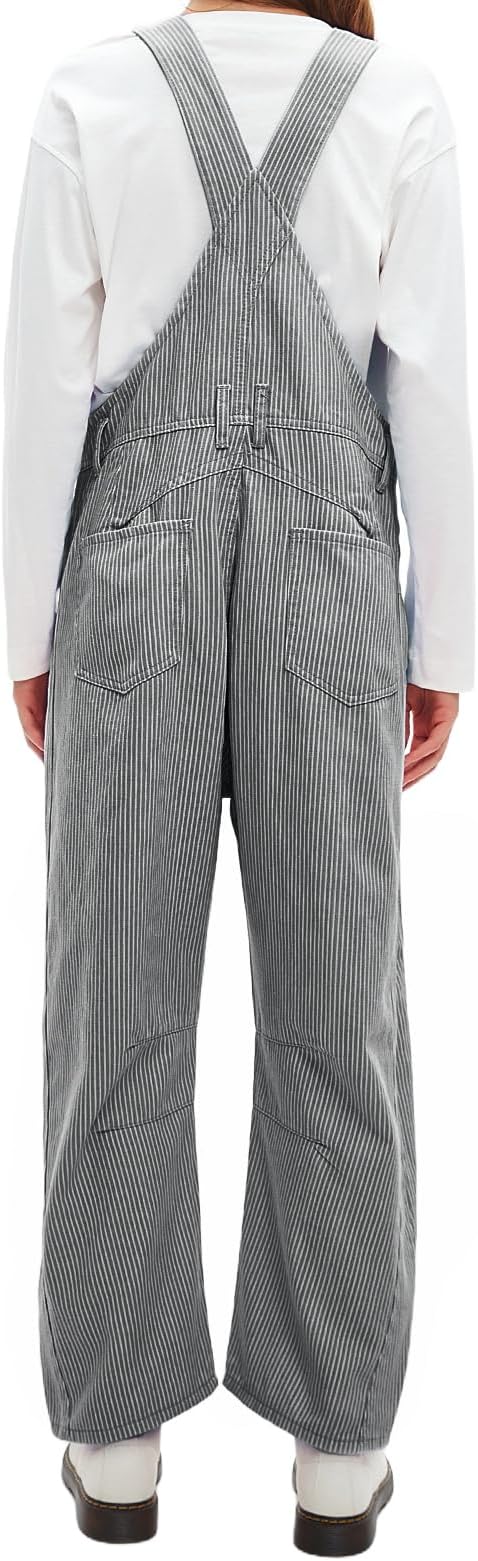 D-Sun Women's Striped Bib Overall Barrel Casual Tapered Overall Pants Wide Leg Adjustable Straps Stretch Jumpsuits