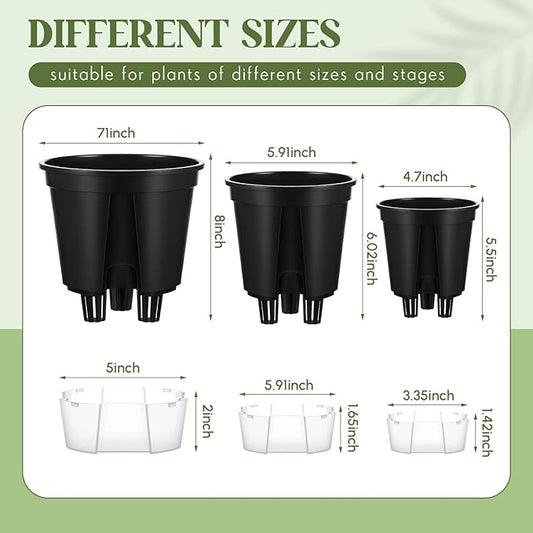 Self Watering Pots for Indoor Plants with Deep Reservoir and High Drainage Holes for Outdoor Plants and Flowers, Bare Root Planter(4.72'', 5.91'', 7.09'',Black,9 Pcs)