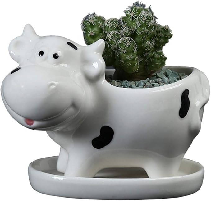 Cute Cow Succulent Planter Pot with Drainage Tray, Small White Ceramic Cactus Flower Container, Animal Shaped Indoor Air Plants Holder
