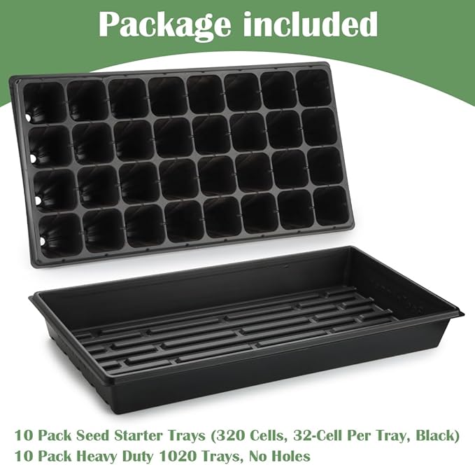 10 Pack 1020 Trays No Holes and 10 Pack 4.3" Deep 32 Cell Seed Starter Trays, 20" x 10" - Heavy Duty Plastic Nursery Flats for Seed Germination & Plant Propagation (10 Sets)