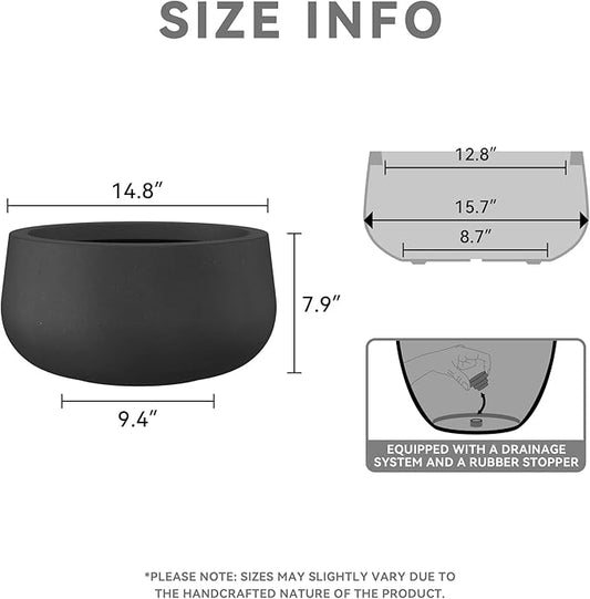 Kante 15.7" Dia Round Concrete Planter, Outdoor Indoor Garden Plant Pots with Drainage Hole and Rubber Plug, Modern Curvaceous Design, Black