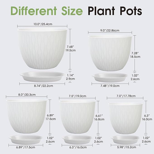 GARDIFE Plant Pots 10/9/8/7.5/7 Inch Plant Pots, Set of 5 Plastic Planters with Drainage Holes and Saucers,Plastic Flower Pots,Nursery Planting Pot for Indoor Out Door Plants (White)
