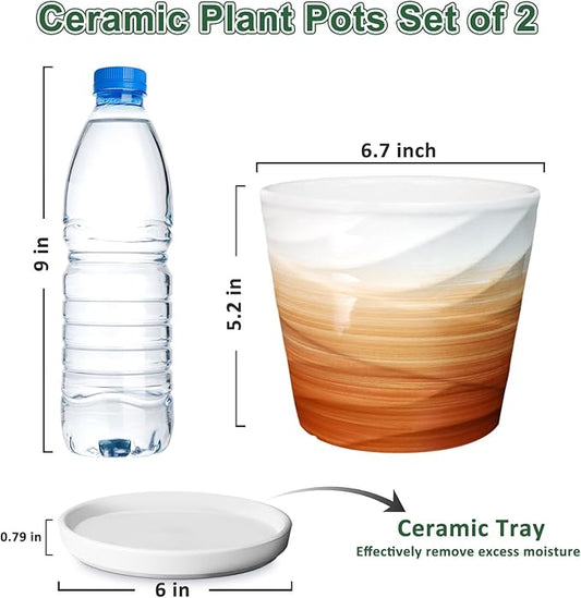 6 Inch Plant Pot,Ceramic Planter with Drainage and Saucer,Ceramic Pots for Plants,Indoor Plant pots,planters for Indoor Plants(6.7 in Diameter,2 Pack)