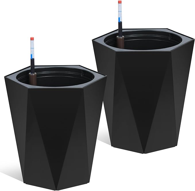 GarveeLife 16 in Tall Diamond Planters Set of 2, Self Watering Planters with Water Level Monitor, Flower Pots Outdoor and Indoor for Patio, Porch, Living Room, Home Office, Black