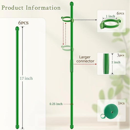 11 Pack Plant Support Set, 5pcs Plant Stakes and 6pcs 17inch Plant Sticks with Extension Poles, Plant Clips, Plant Ties for Potted Monstera Plants, Climbing Plants Tall Potted Plants