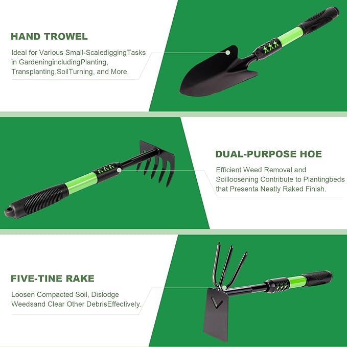 Garden Tool Set, 3 Pack Lightweight Heavy Gardening Kit Including Hand Shovel, Transplant Shovel and Hand Rake with Soft Rubber Non-Slip Handle, for Planting Weeding Digging, Green 