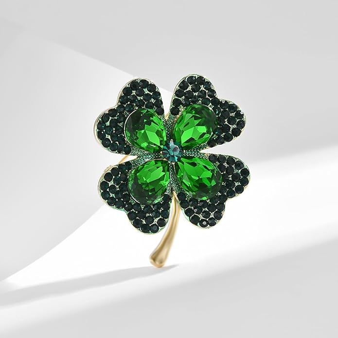 St.Patrick's Day Brooches for Women Dainty Crystal Four Leaf Lapel Pin Shamrock Hat Brooch Pins Irish Enamel Brooches Irish Holiday Costume Accessory Jewelry