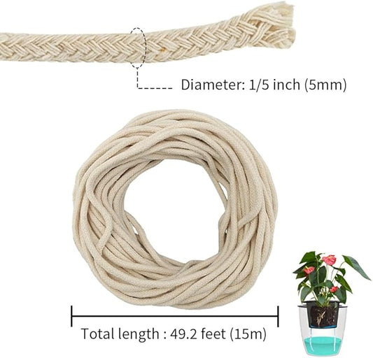 49.2 feet 1/5 Inch Natural White Self Watering Wick Cord Automatic Watering Cotton Rope System Hydroponic Wicking for Vacation Plant Care Capillary Wicks for Self Watering Planters and Pot