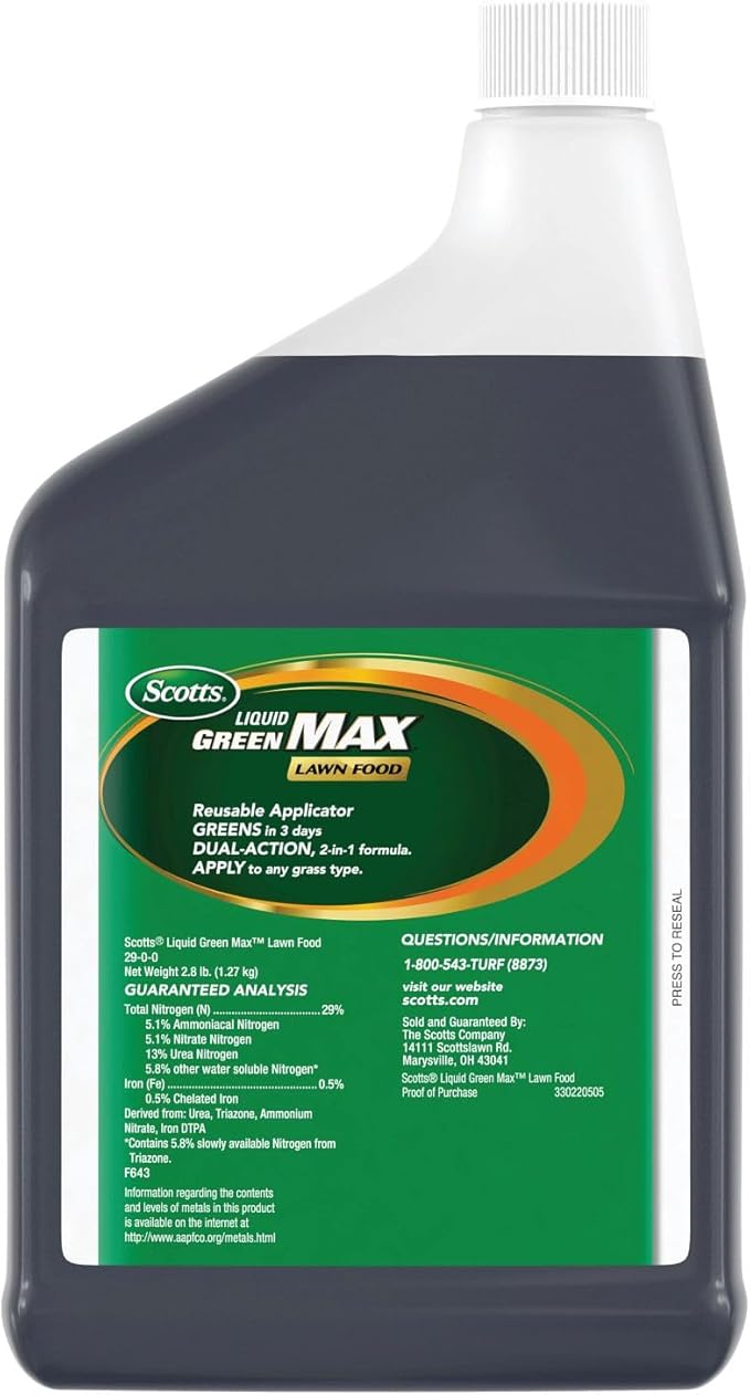 Scotts Liquid Green Max Lawn Food Refill, Lawn Fertilizer and Iron Supplement, for Any Grass Type, 29-0-0, 32 fl. oz.