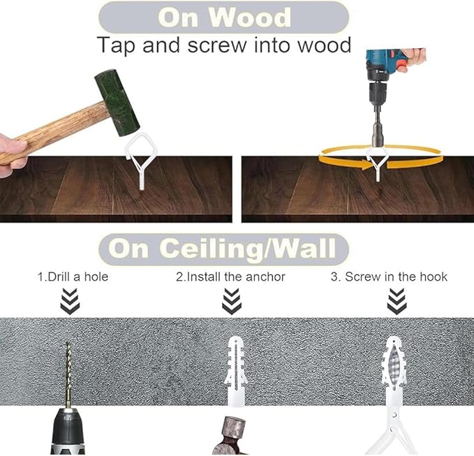 12-Pack Heavy-Duty White Screw Eye Hooks with Safety Clips | Metal Ceiling Hooks for Hanging Plants, Wind Chimes, Bird Feeders & Indoor/Outdoor Lights