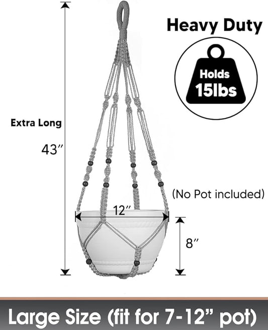 43 Inches Macrame Planter Hanger Large for 12 inch Pot + Swag Hook (Extra Long & Big) | Large Hanging Planter for Indoor Plants | No Tassel, Cotton Rope, No Pot/Plant Included (XL)