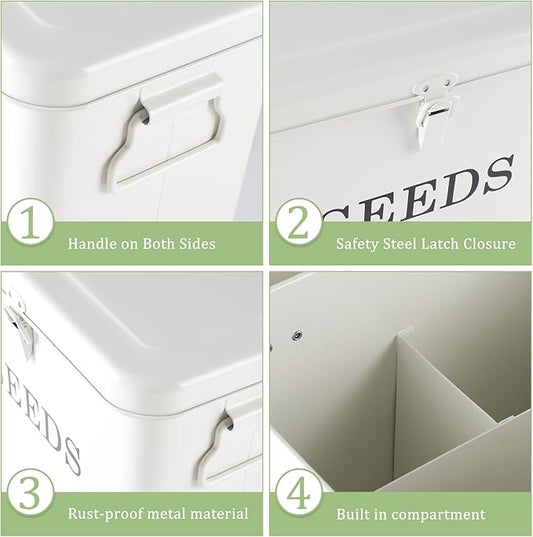 3 Dividers Seed Storage Box, Metal Seed Box Seed Storage Organizer with Safety Lock, Portable Garden Seed Bin, Professional All-in-one Kit, White
