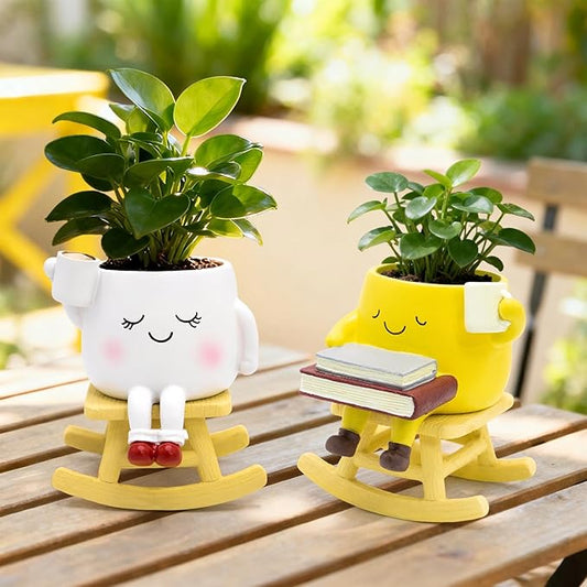 Smily Face Rocking Chair Planter - Cute Resin Book Coffee Succulents Plant Pots with Drainage Hole for Indoor Outdoor Garden, Gift IdeaI for Mother Appreciation Christmas (White and Yellow)