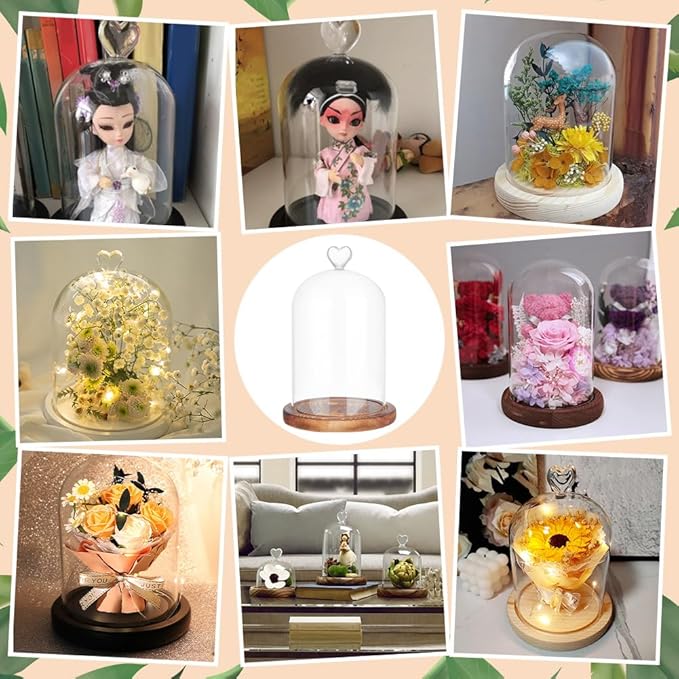 NBEADS Heart Glass Dome, 8.66 Inch Long Cloche Bell Jar Terrarium with Wood Base Decorative Display Dome Case for Plants Flower Aroma Candle Desktop Decoration, Clear