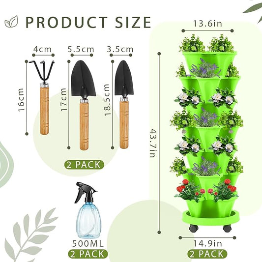Umigy 2 Set of 7 Tier Vertical Planter Stackable Tower Planters Strawberry Herb Flower and Vegetable Pots Indoor Outdoor Gardening Pots with Removable Wheels and Tools(Light Green)