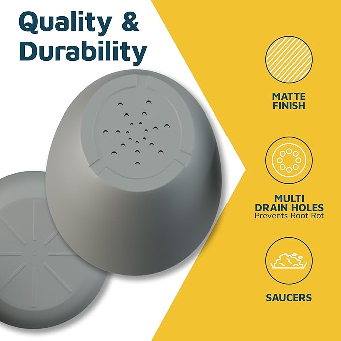 Planter Pots with Drainage Holes - Lightweight, Durable & Space-Saving Pots for Indoor and Outdoor - Versatile Functionality, Simple Modern Design, Set of 5 Plastic Planter Pots - Gray