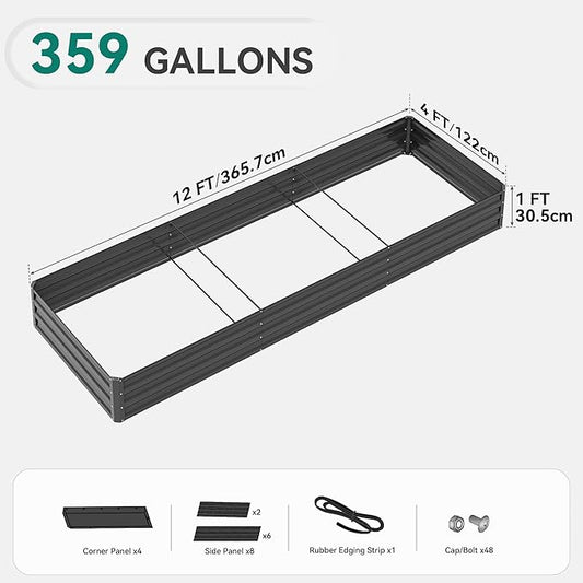YITAHOME 144x48x12 in Galvanized Raised Garden Bed Kit, Large Metal Planter Box with Gloves, Black