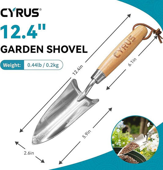 CYRUS Garden Shovel with Measurement Mark,Small Shovels for Gardening with Ash Wood Handle,12.4''Stainless Steel Hand Shovel Garden Spade Potting Soil Scoop for Gardening Planting,Transplanting