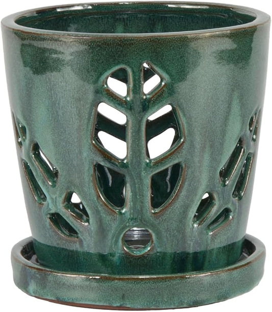 W&W Orchid Pot with Holes and Saucer for Repotting, Green Mix, 5.5 Inch