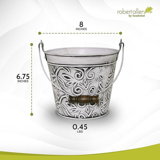 Headwind Vintage Collection - Floral Rustic White Planter with Handles – 8 Inch Medium Flower Pots Decorative Plant Indoor – Plant Pots Indoor with Drainage by Robert Allen