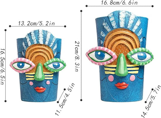 Picasso Blue Face Planter Pots Abstract Art Colorful Funky Plant Pots with Facial Expressions Unique Head Planter for Indoor Plants Home Decor (Small)