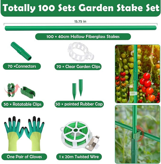 Cludoo 342PCS Garden Stakes Set with 100 Sets Fiberglass Plant Stakes Sticks Supports and Accessories, DIY 4ft 5ft 6ft 7ft Tomato Stakes for Tomato,Vegetables, Pepper, Indoor Outdoor Spring Plants