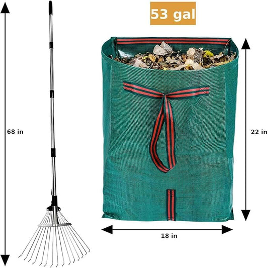 Leaf Rake for Lawns with 53 Gallon Dustpan-Type Leaf Bags,Heavy Duty Metal Garden Yard Rake Long Handle with Expandable Head 7-14" for Gardening Outdoor Camping Shrub Grass Bush Weed